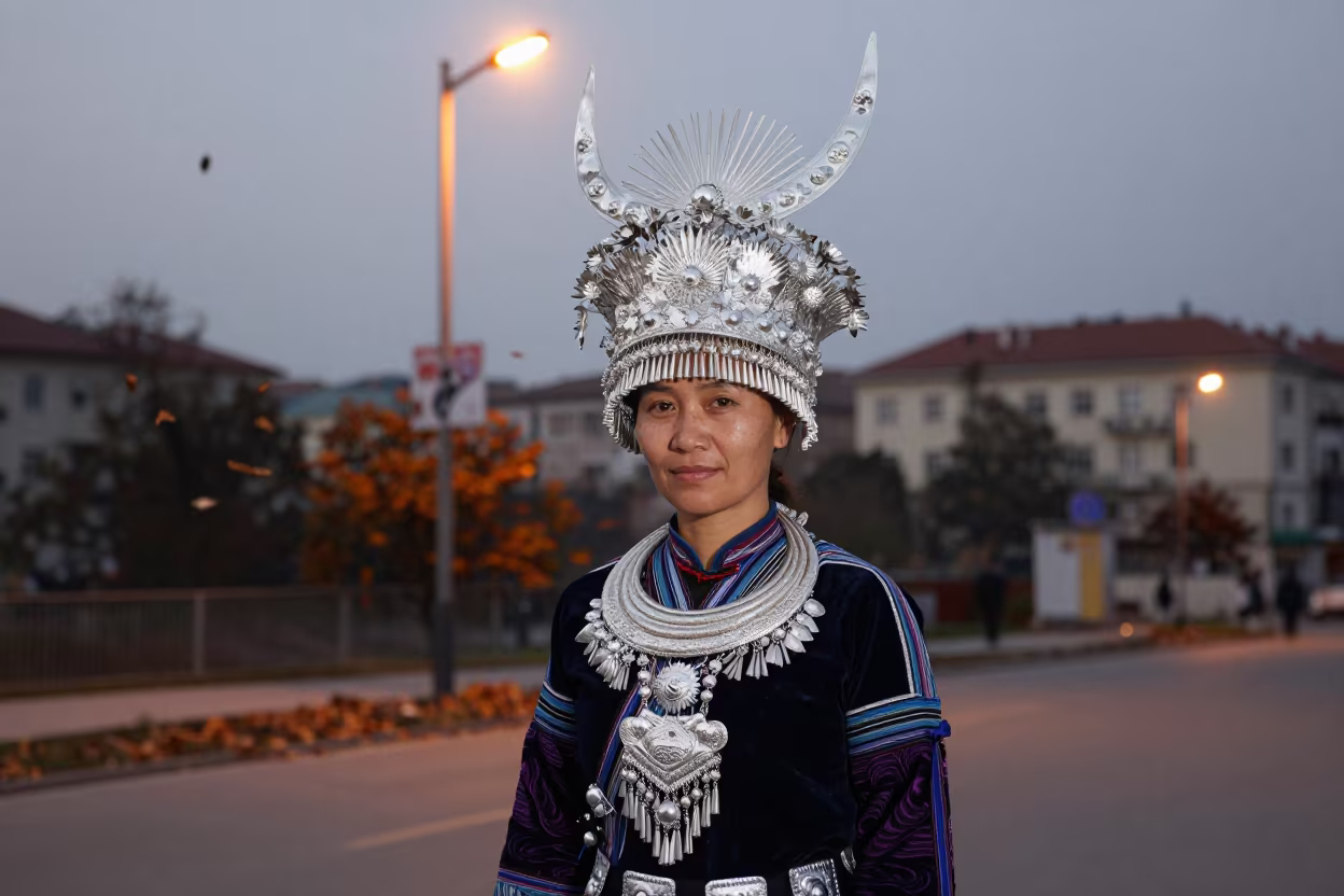 Hmong Woman in Silver Headdress Bielsko-Biała Twilight in in Bielsko-Biała