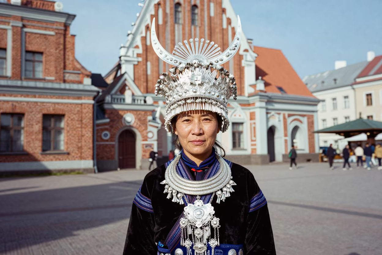 Hmong Woman Silver Headdress Old Town Riga in in Old Town, Riga