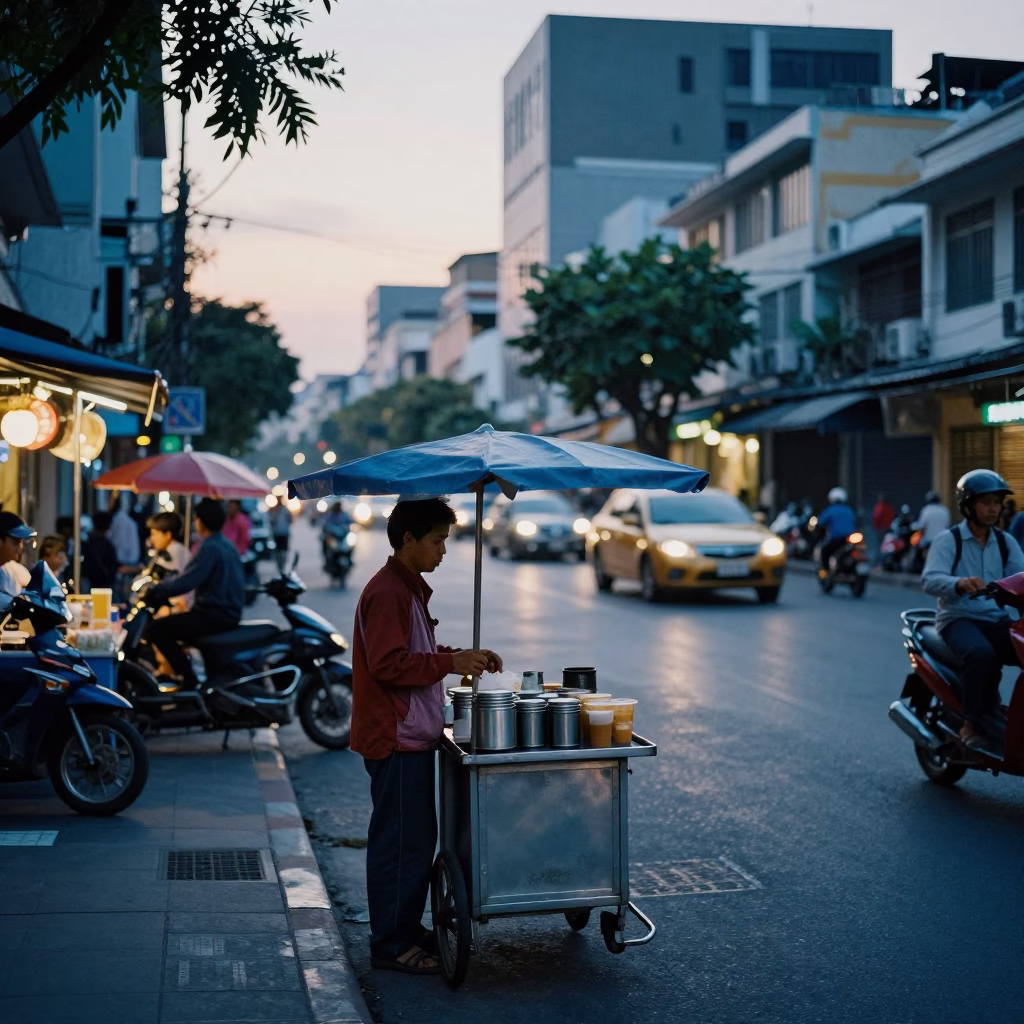 Ho Chi Minh City Dawn Street Scene with Coffee Vendor and Morning Commuters in in Ho Chi Minh City, Vietnam
