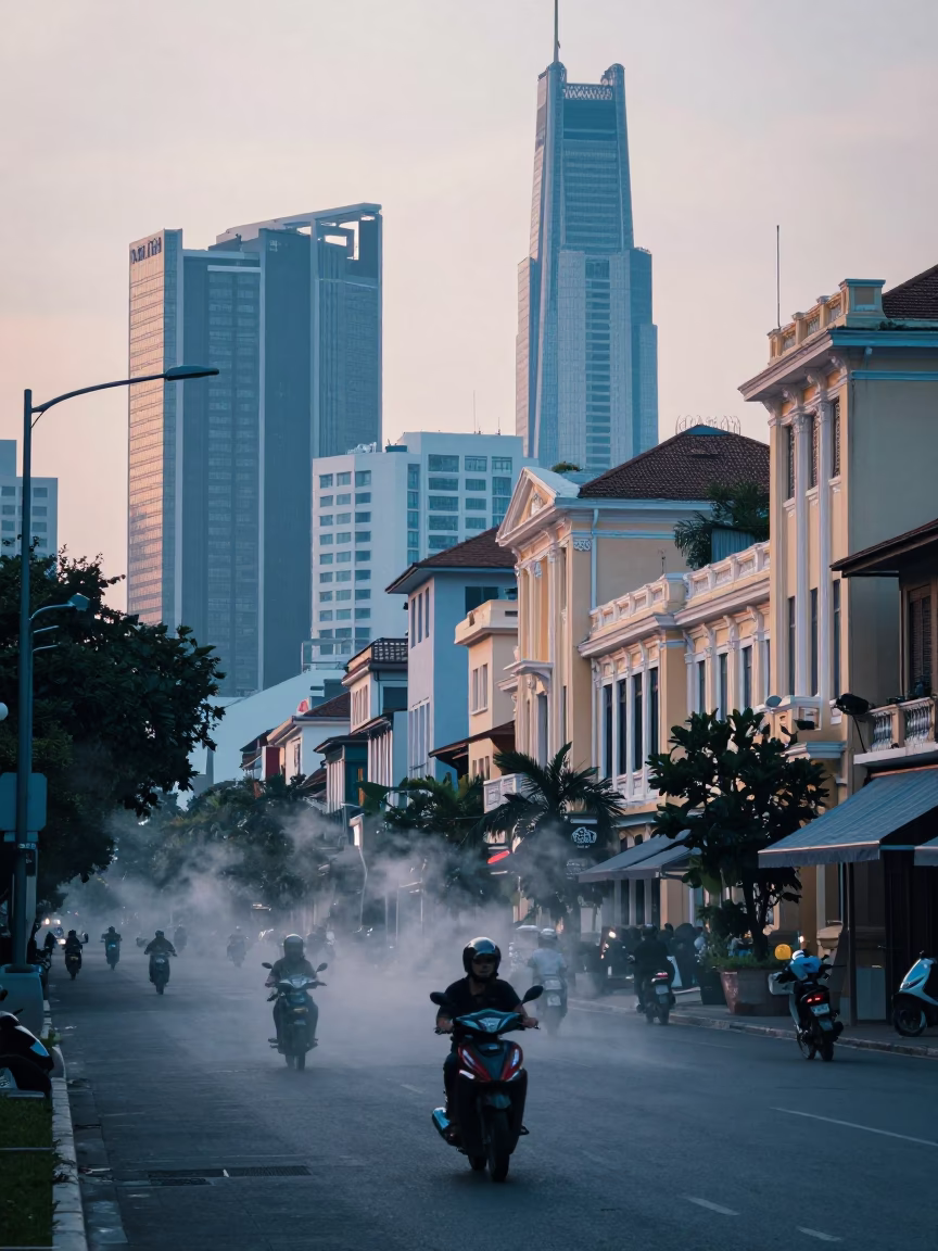 Ho Chi Minh City Dawn Street Scene with Motorbikes and Steam Haze in in Ho Chi Minh City, Vietnam