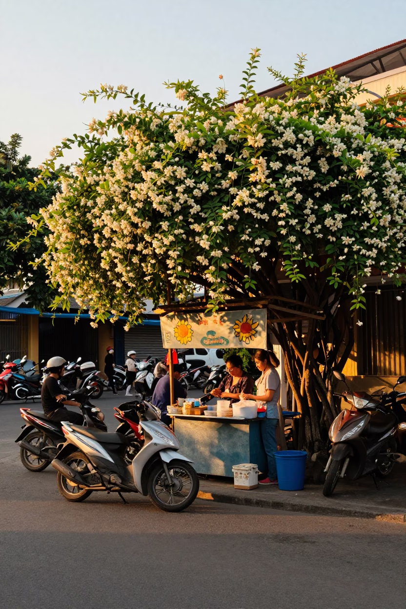 Ho Chi Minh City Evening Street Scene with Motorbikes and Jasmine Trellis in in Ho Chi Minh City, Vietnam