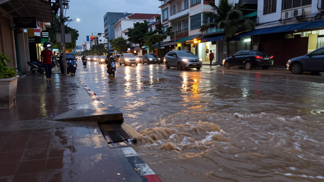 Ho Chi Minh City Evening Street Scene with Storm Drain and Swollen River in in Ho Chi Minh City, Vietnam