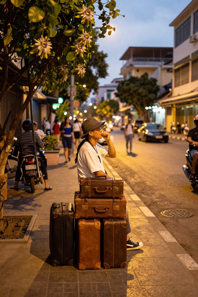 Ho Chi Minh City Evening Street Scene with Suitcases and Passion Flower in in Ho Chi Minh City, Vietnam