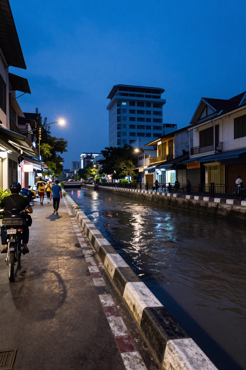 Ho Chi Minh City Indigo Twilight Street Scene with Canal Edge and Local Life in in Ho Chi Minh City, Vietnam