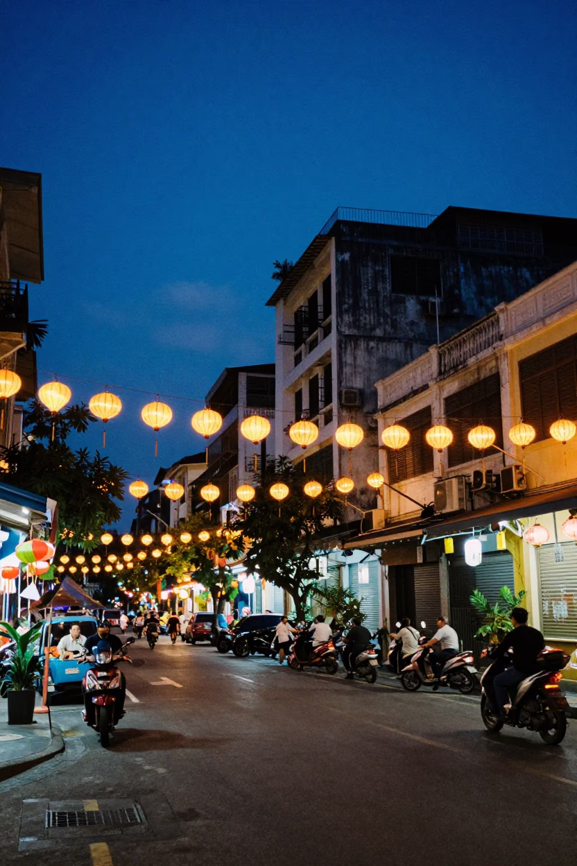 Ho Chi Minh City indigo twilight street scene with glowing lanterns and motorbikes in in Ho Chi Minh City, Vietnam