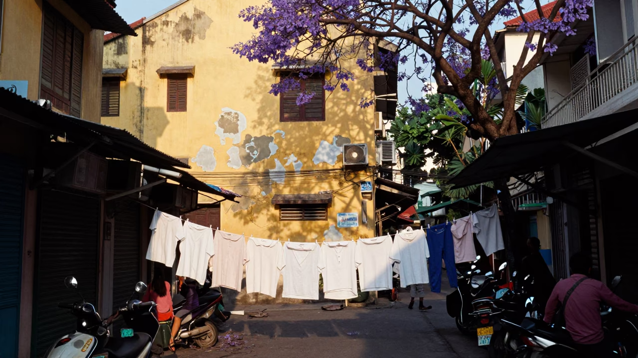 Ho Chi Minh City Late Afternoon Street Scene with Laundry and Jacaranda Tree in in Ho Chi Minh City, Vietnam