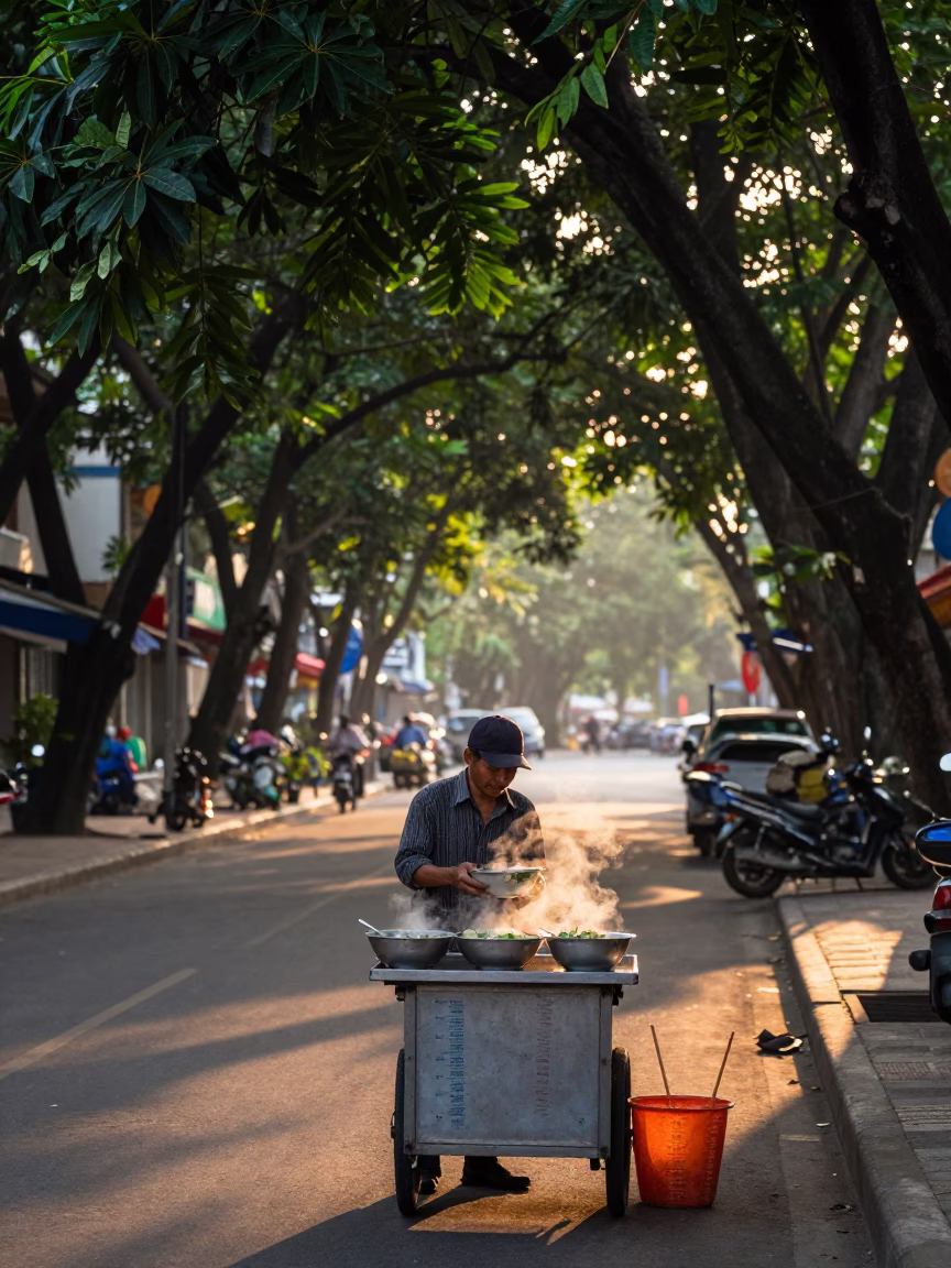Ho Chi Minh City Nautical Dawn Street Scene with Measuring Cups and Handkerchief in in Ho Chi Minh City, Vietnam