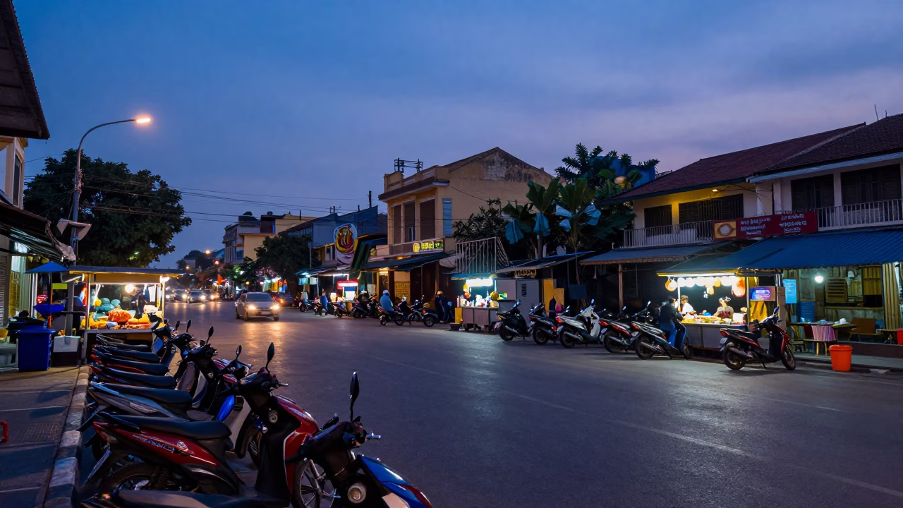 Ho Chi Minh City Nautical Dawn Street Scene with Motorbikes and Street Food in in Ho Chi Minh City, Vietnam