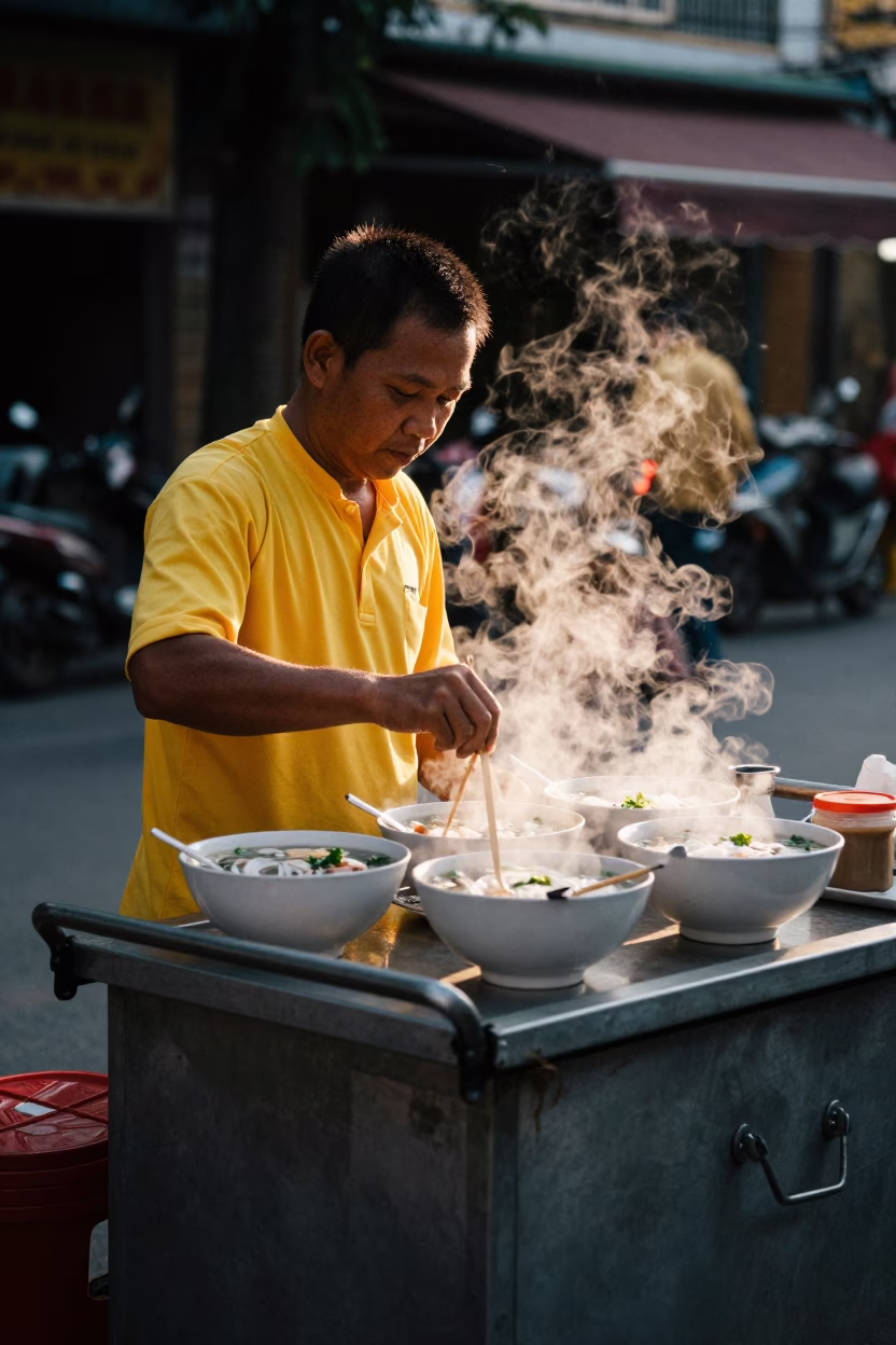 Ho Chi Minh City Serving Pho at The Early Evening Light in in Ho Chi Minh City, Vietnam