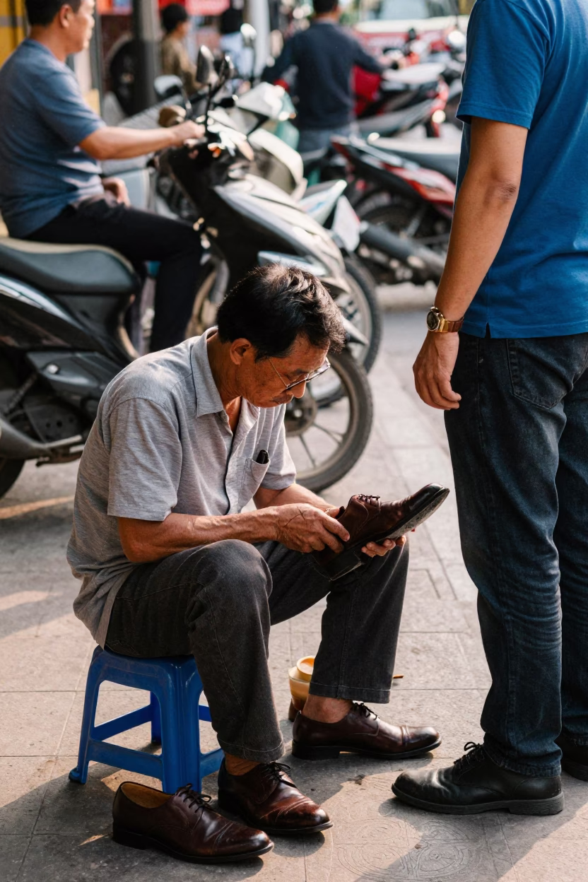 Ho Chi Minh City Shoe Shiner at The Early Afternoon Light in in Ho Chi Minh City, Vietnam