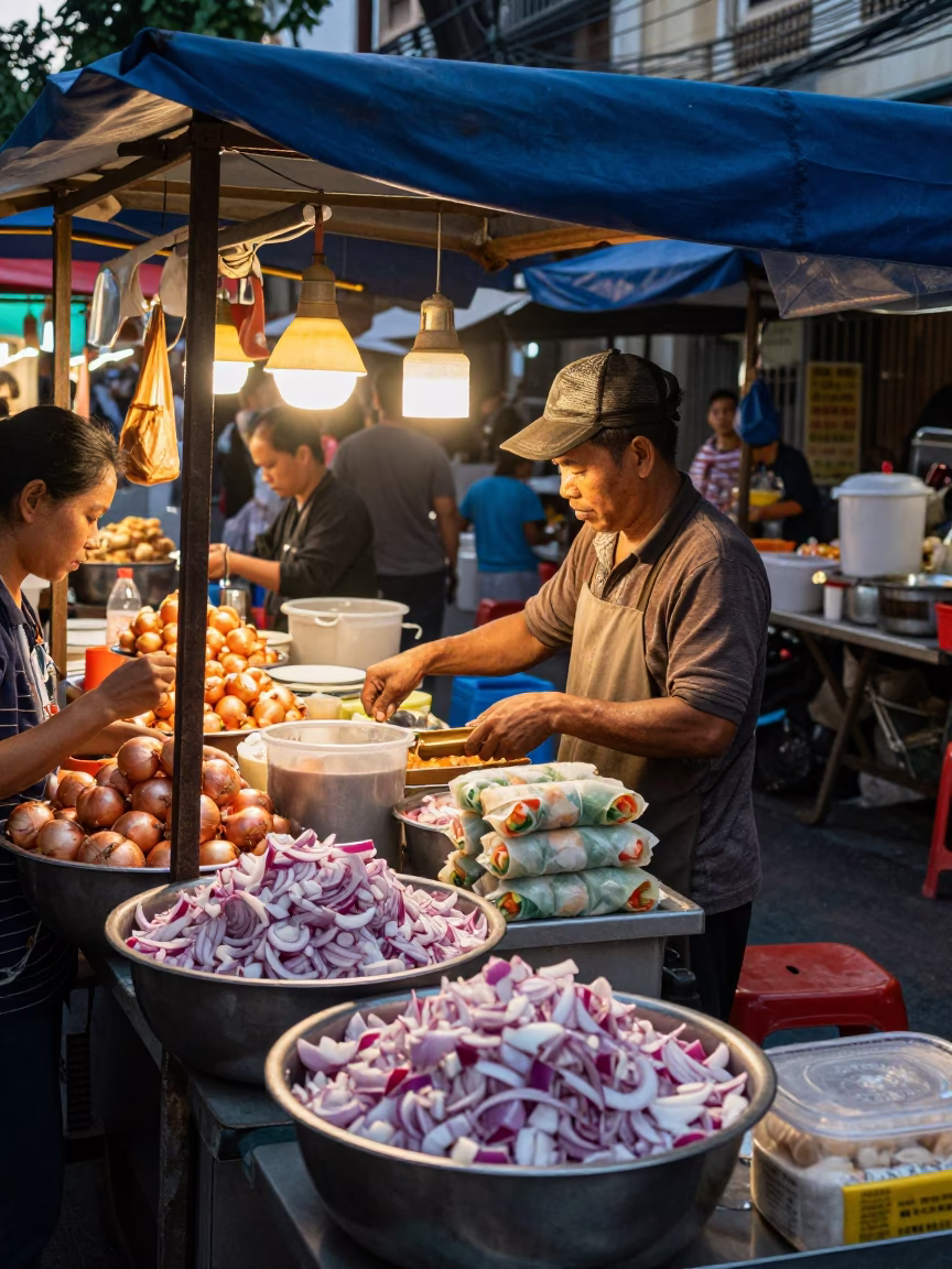 Ho Chi Minh City Street Food Stall Late Afternoon with Onions and Measuring Cup in in Ho Chi Minh City, Vietnam