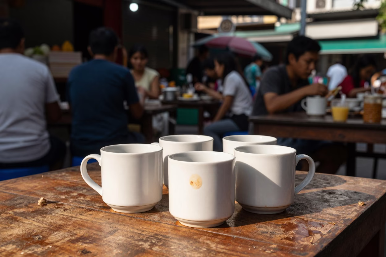 Ho Chi Minh City street kitchen late afternoon ceramic mugs tea stains glass tumblers in in Ho Chi Minh City, Vietnam