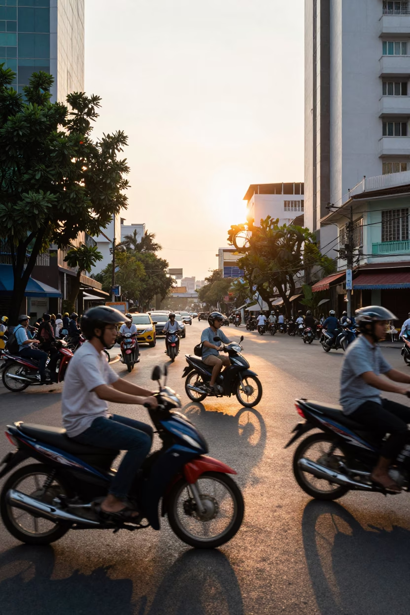 Ho Chi Minh City Street Scene at Golden Hour in in Ho Chi Minh City, Vietnam