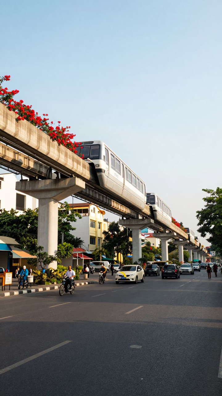 Ho Chi Minh City Street Scene with Monorail Overhead and Red Flowers in in Ho Chi Minh City, Vietnam