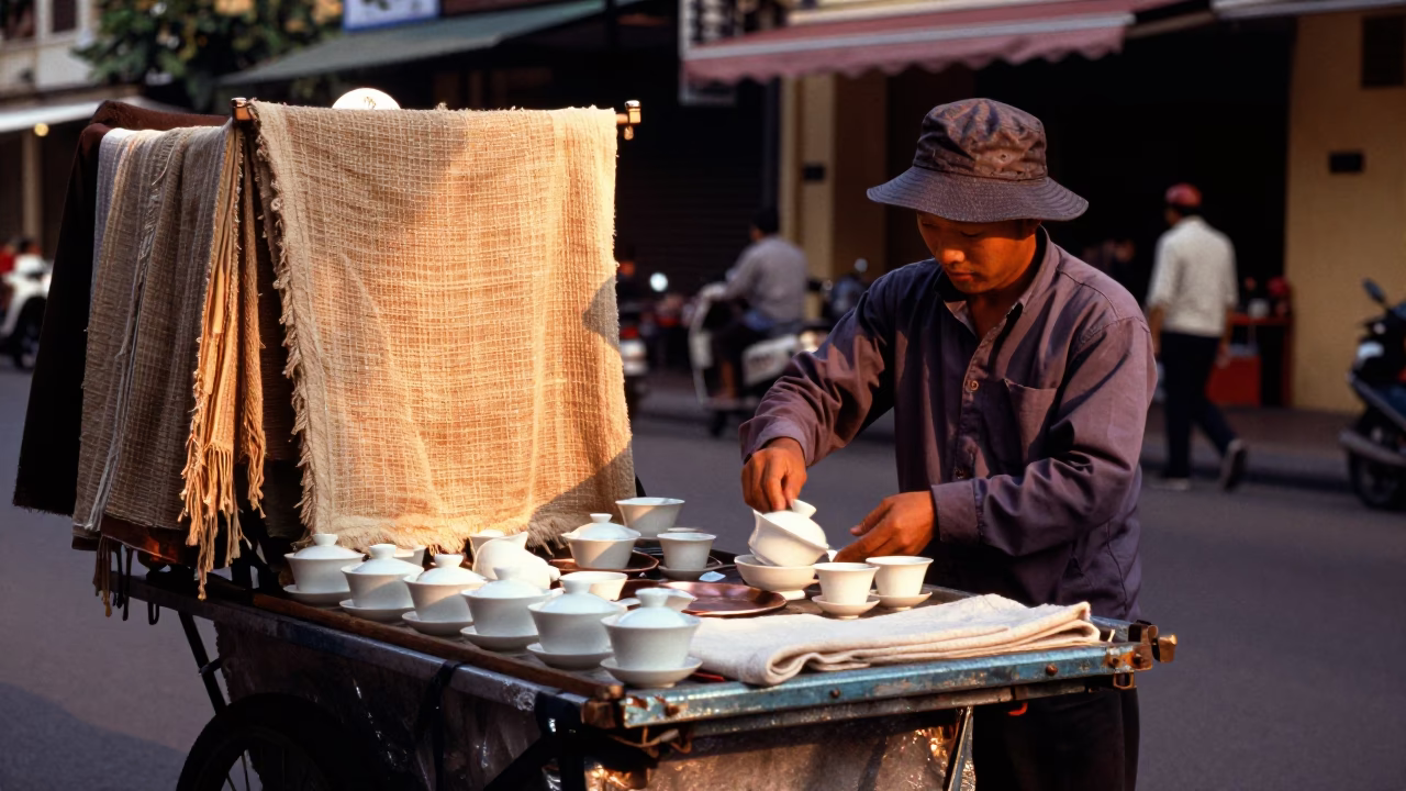 Ho Chi Minh City Street Scene with Teacups and Threadbare Fabric in Copper Light in in Ho Chi Minh City, Vietnam