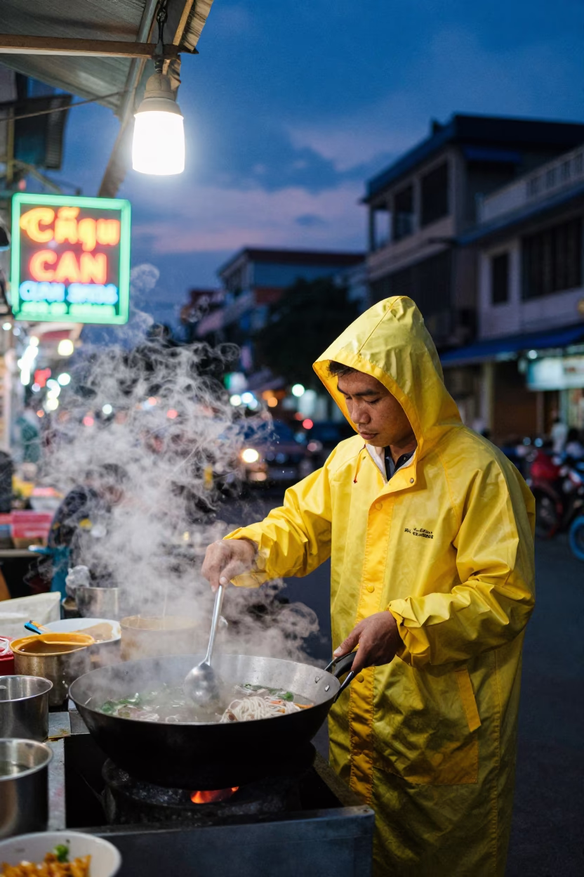 Ho Chi Minh City Street Vendor Cooking Fresh Pho in Indigo Twilight in in Ho Chi Minh City, Vietnam