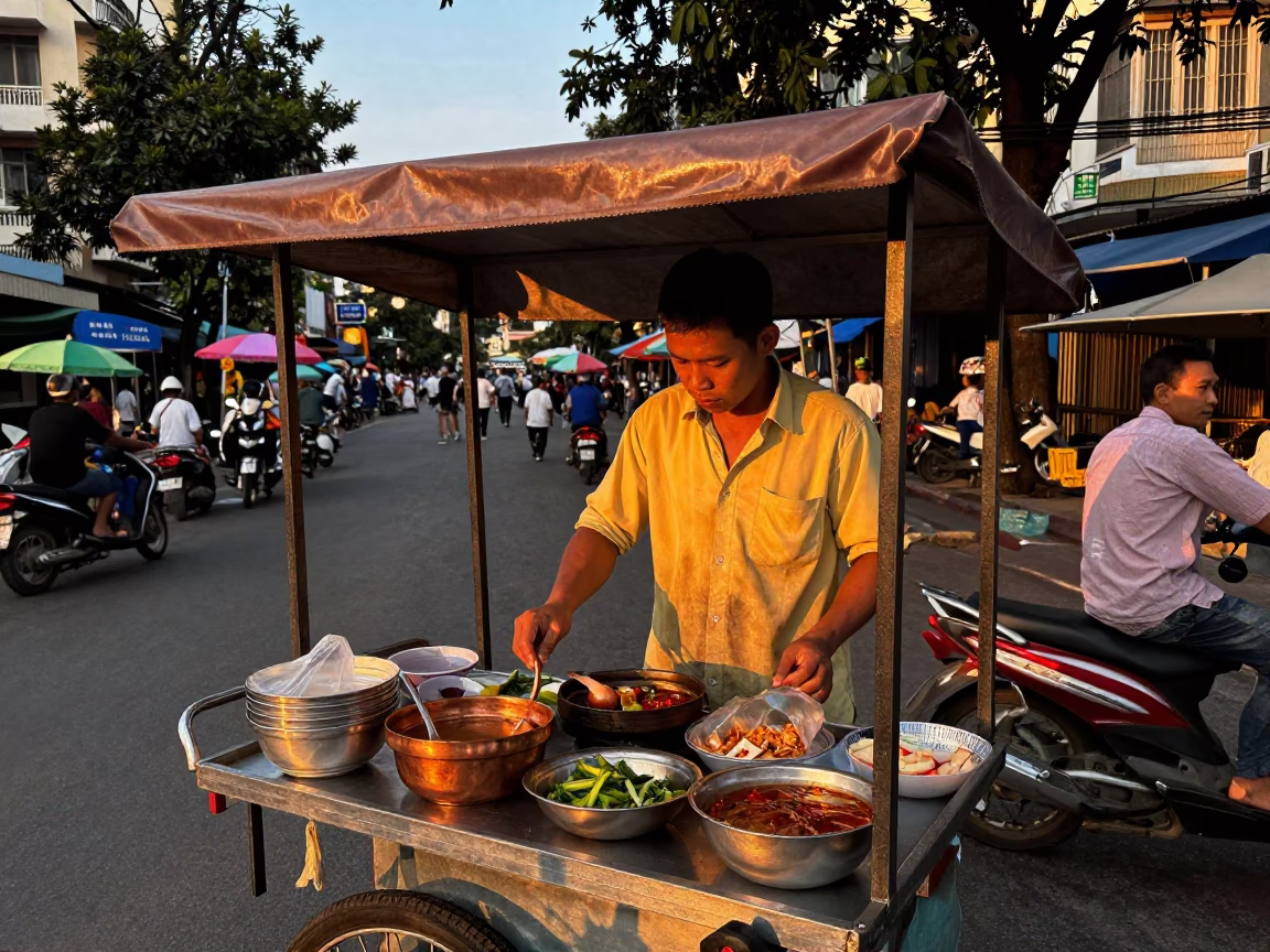 Ho Chi Minh City street vendor preparing food in copper-toned light before dusk in in Ho Chi Minh City, Vietnam