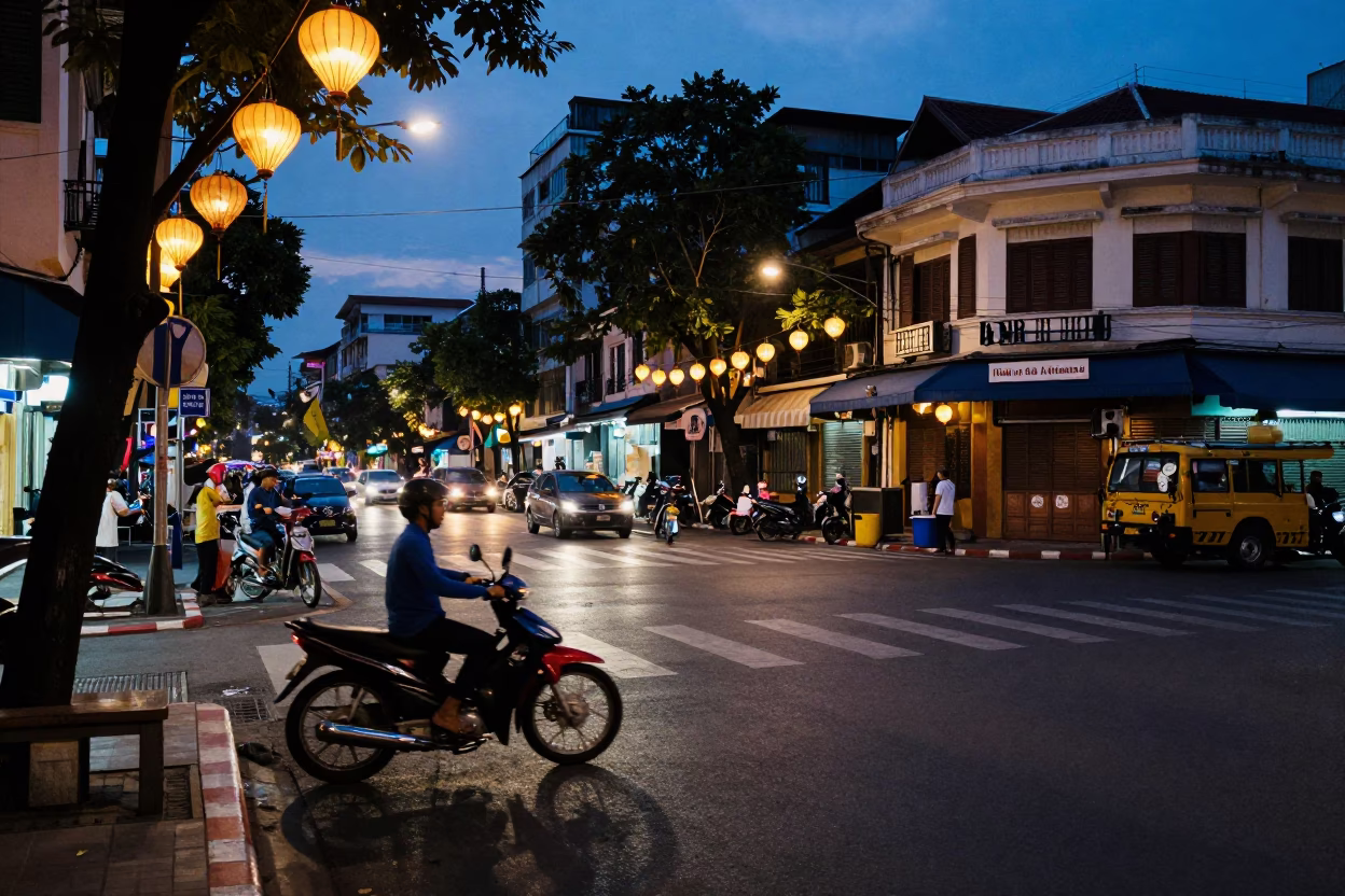Ho Chi Minh City Twilight Street Scene with Motorbike and Lanterns in in Ho Chi Minh City, Vietnam