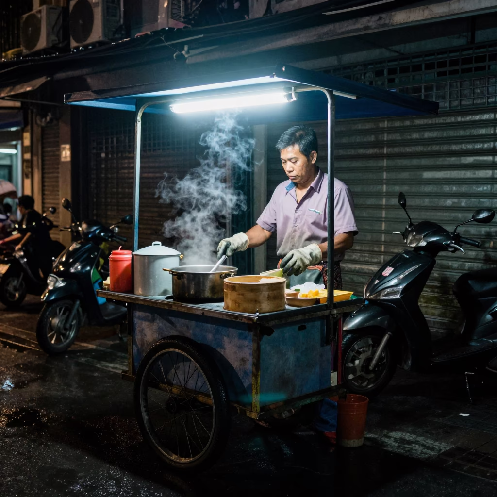 Ho Chi Minh City Vendor Cooking at Late At Night Light in in Ho Chi Minh City, Vietnam