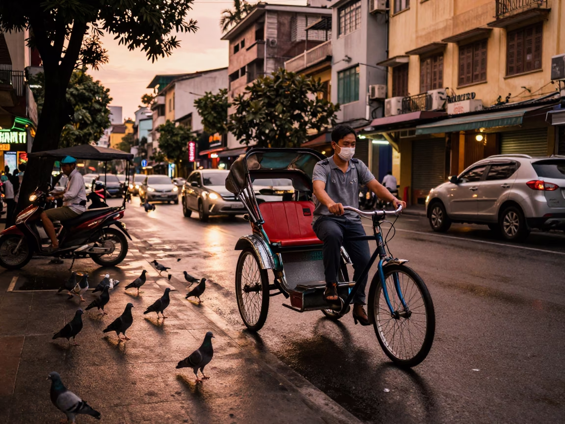 Ho Chi Minh City Vietnam Dusk Street Scene with Pigeons and Rickshaw in in Ho Chi Minh City, Vietnam