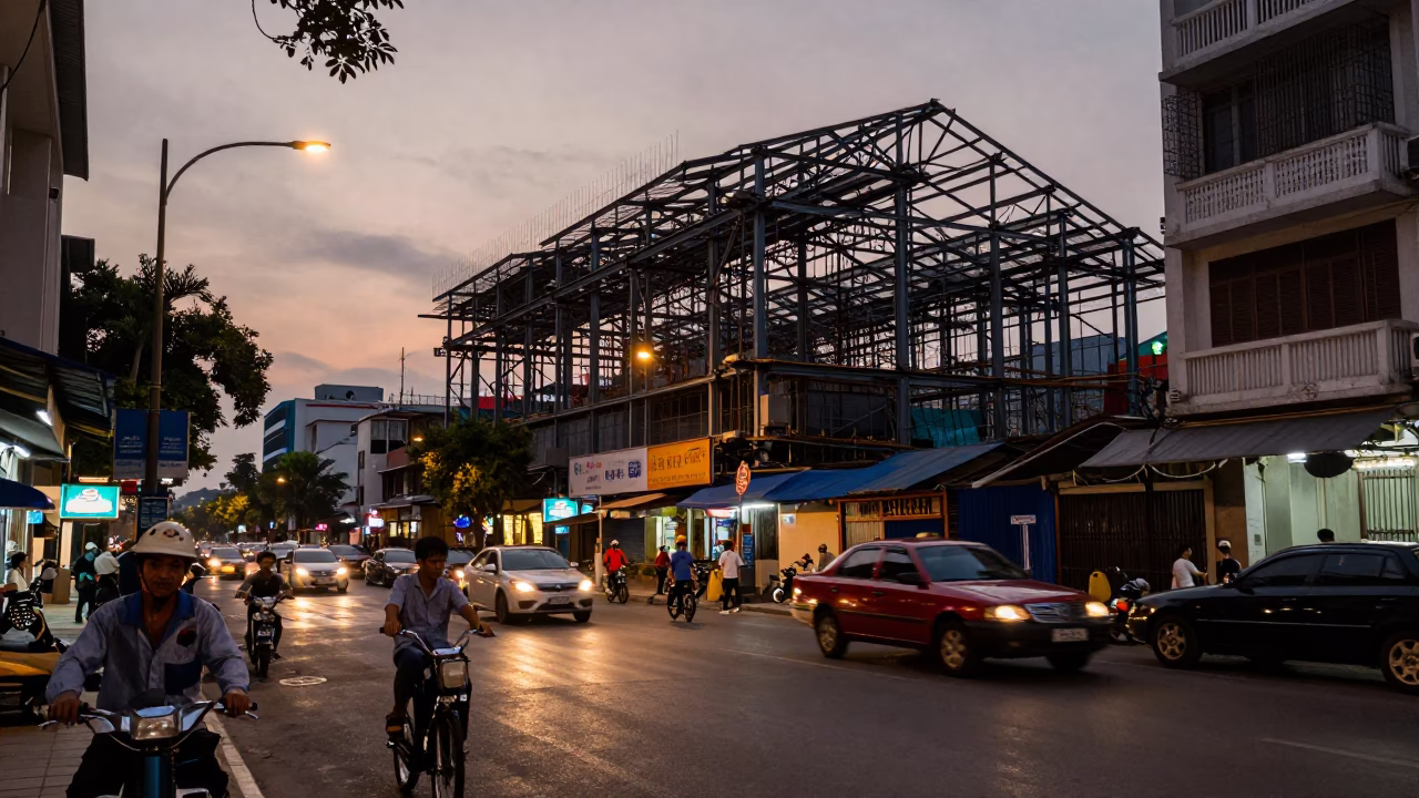 Ho Chi Minh City Vietnam Early Evening Street Scene with Construction and Vintage Elements in in Ho Chi Minh City, Vietnam
