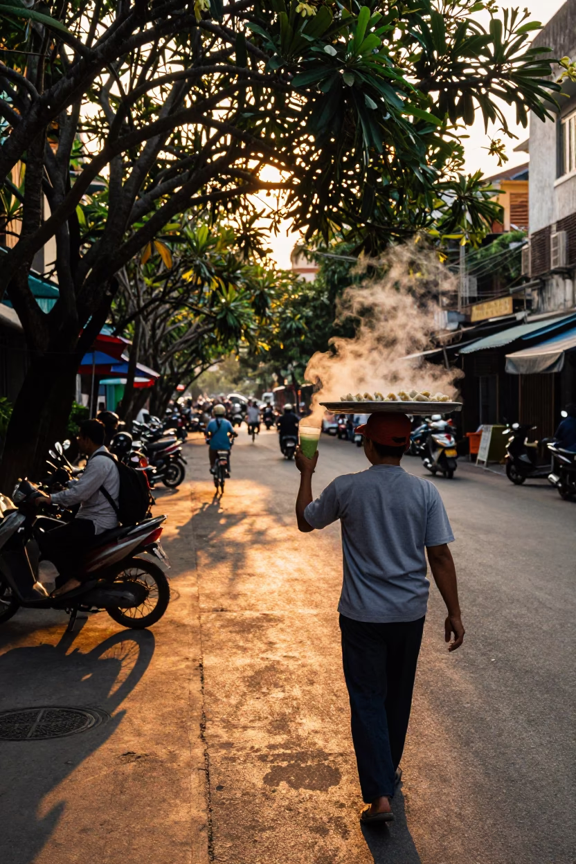 Ho Chi Minh City Vietnam Evening Street Scene with Matcha Latte and Dumplings in in Ho Chi Minh City, Vietnam