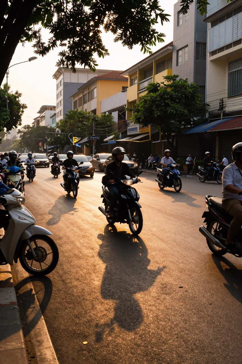 Ho Chi Minh City Vietnam Evening Street Scene with Motorbikes and Leaf Shadows in in Ho Chi Minh City, Vietnam
