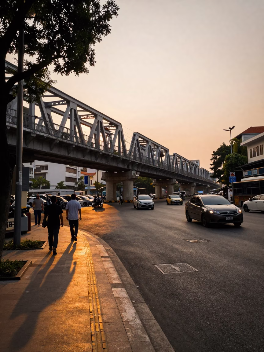 Ho Chi Minh City Vietnam Evening Street Scene with Railway Viaduct and Metro Train in in Ho Chi Minh City, Vietnam