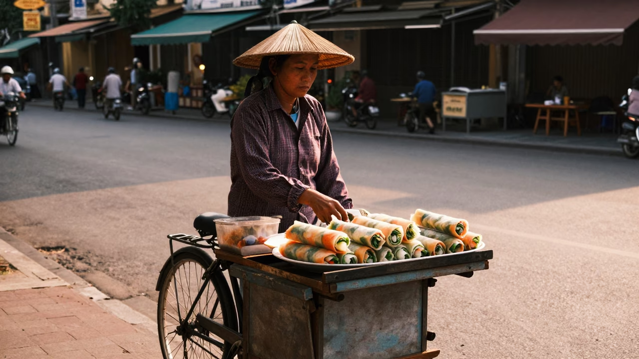 Ho Chi Minh City Vietnam Golden Hour Street Scene with Spring Rolls and Bicycle in in Ho Chi Minh City, Vietnam