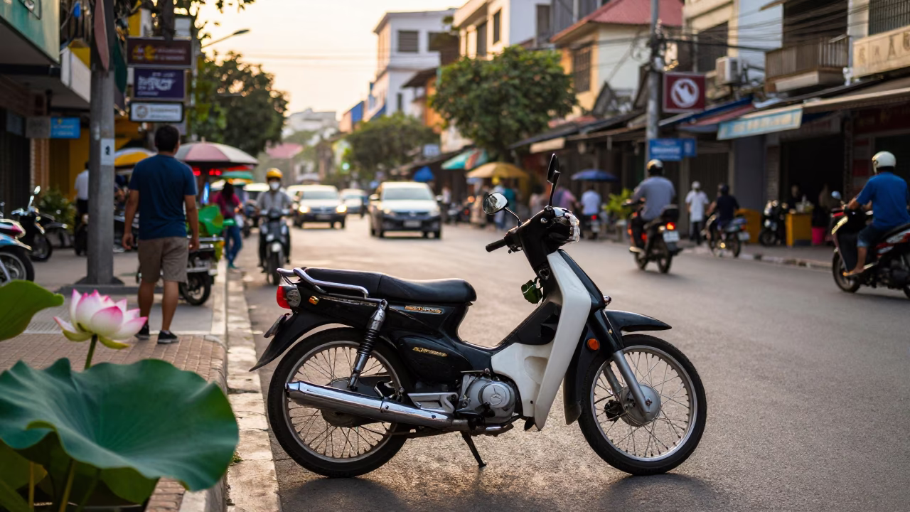 Ho Chi Minh City Vietnam Golden Hour Street Scene with Vintage Motorcycle and Lotuses in in Ho Chi Minh City, Vietnam