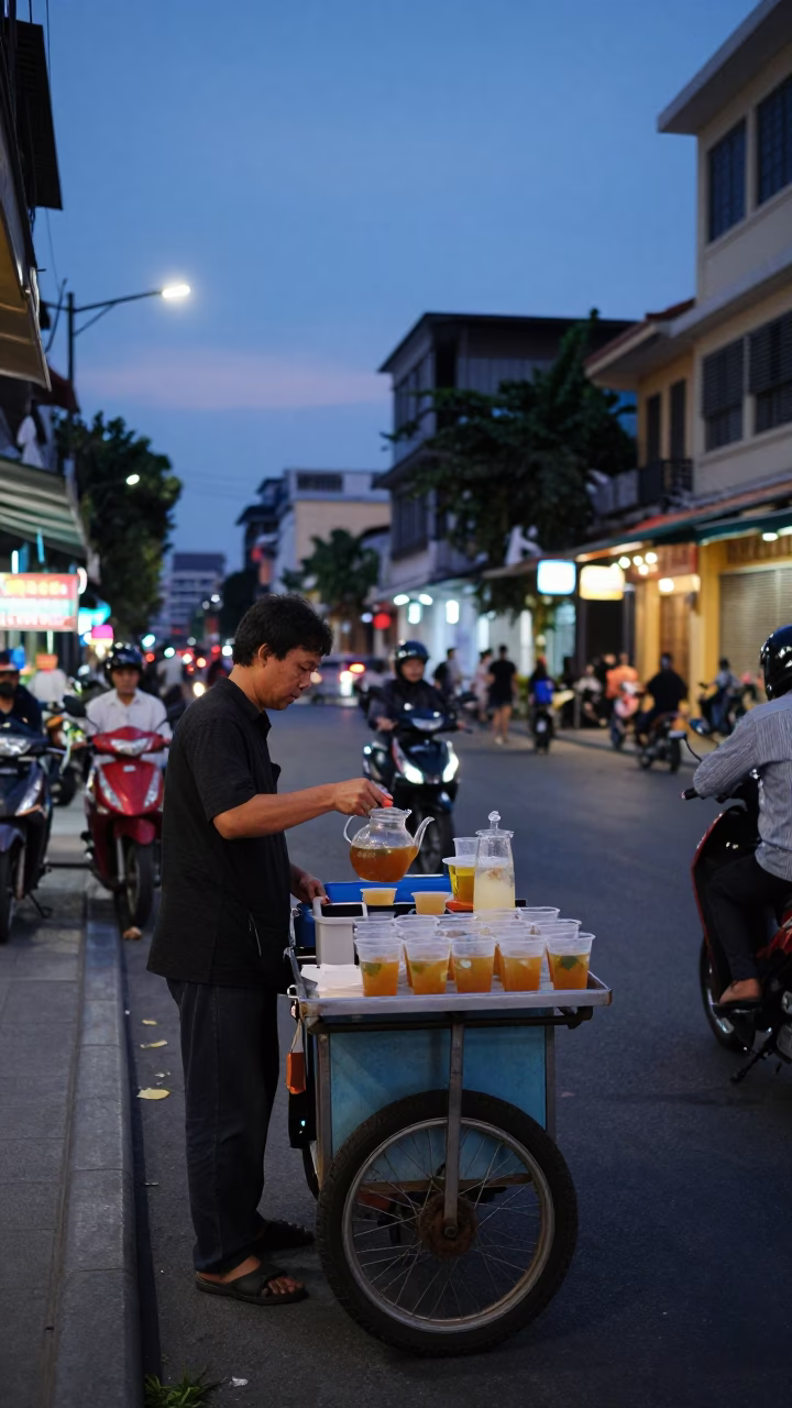 Ho Chi Minh City Vietnam indigo twilight street scene with motorbikes and local vendors in in Ho Chi Minh City, Vietnam