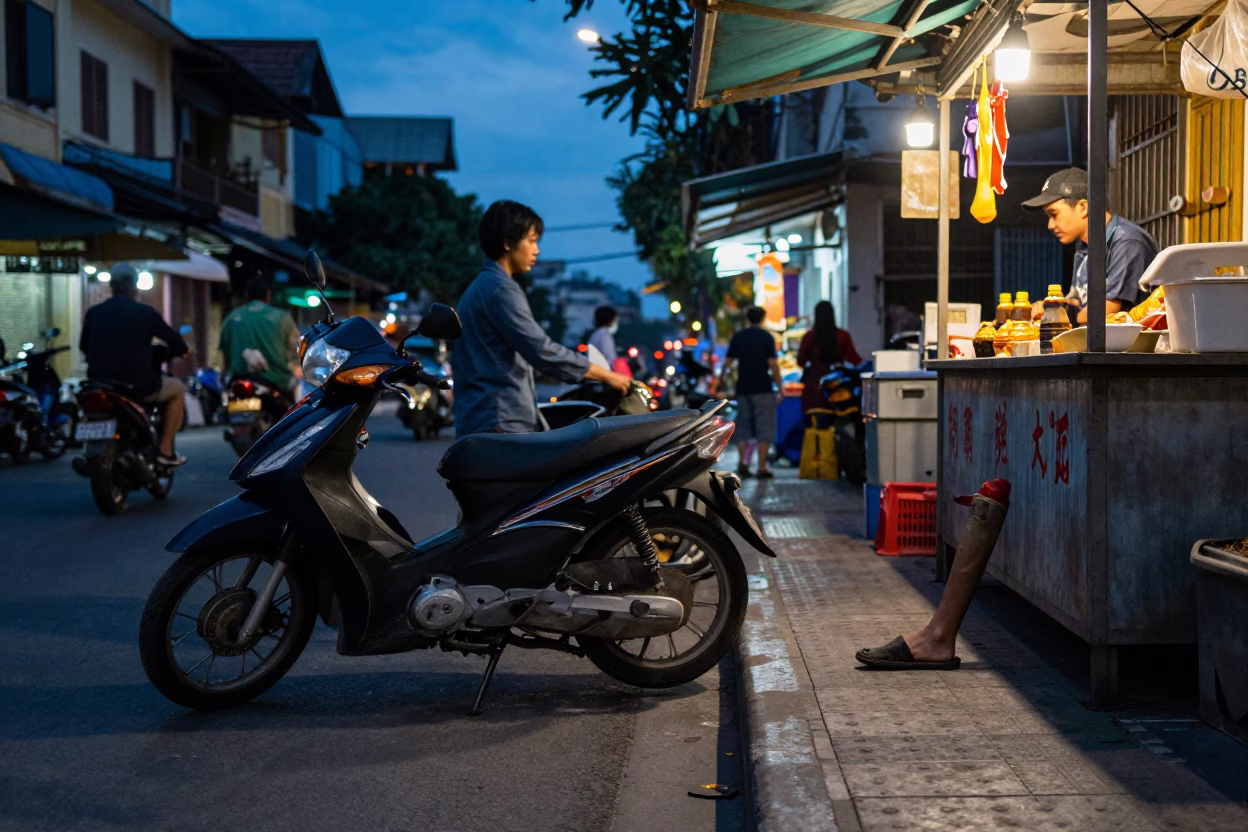 Ho Chi Minh City Vietnam indigo twilight street scene with scooter and slipper in in Ho Chi Minh City, Vietnam