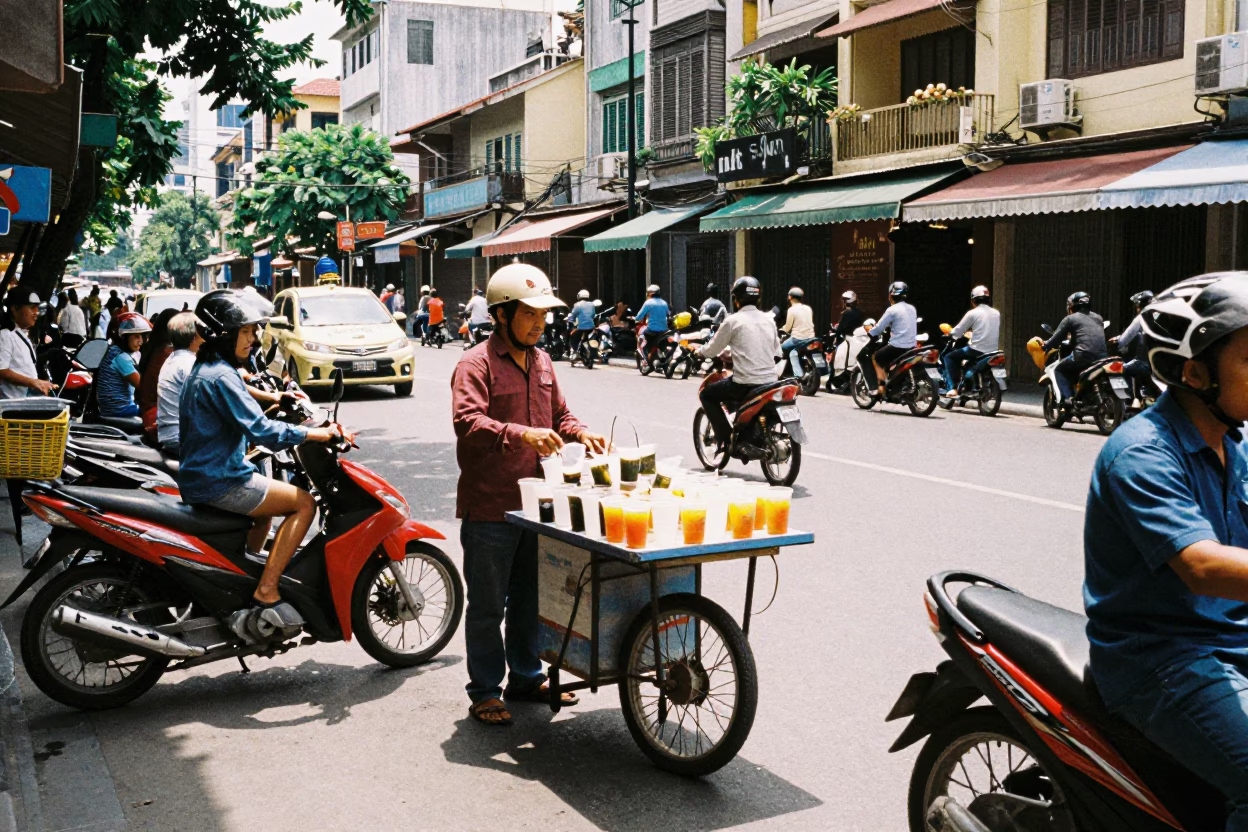 Ho Chi Minh City Vietnam Midday Street Scene with Motorbikes and Local Vendors in in Ho Chi Minh City, Vietnam