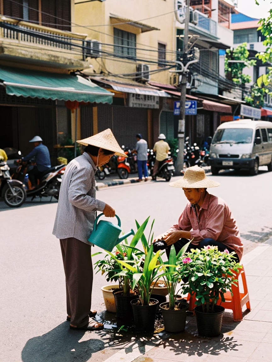 Ho Chi Minh City Vietnam Midmorning Street Scene with Watering Can and Wash Basin in in Ho Chi Minh City, Vietnam