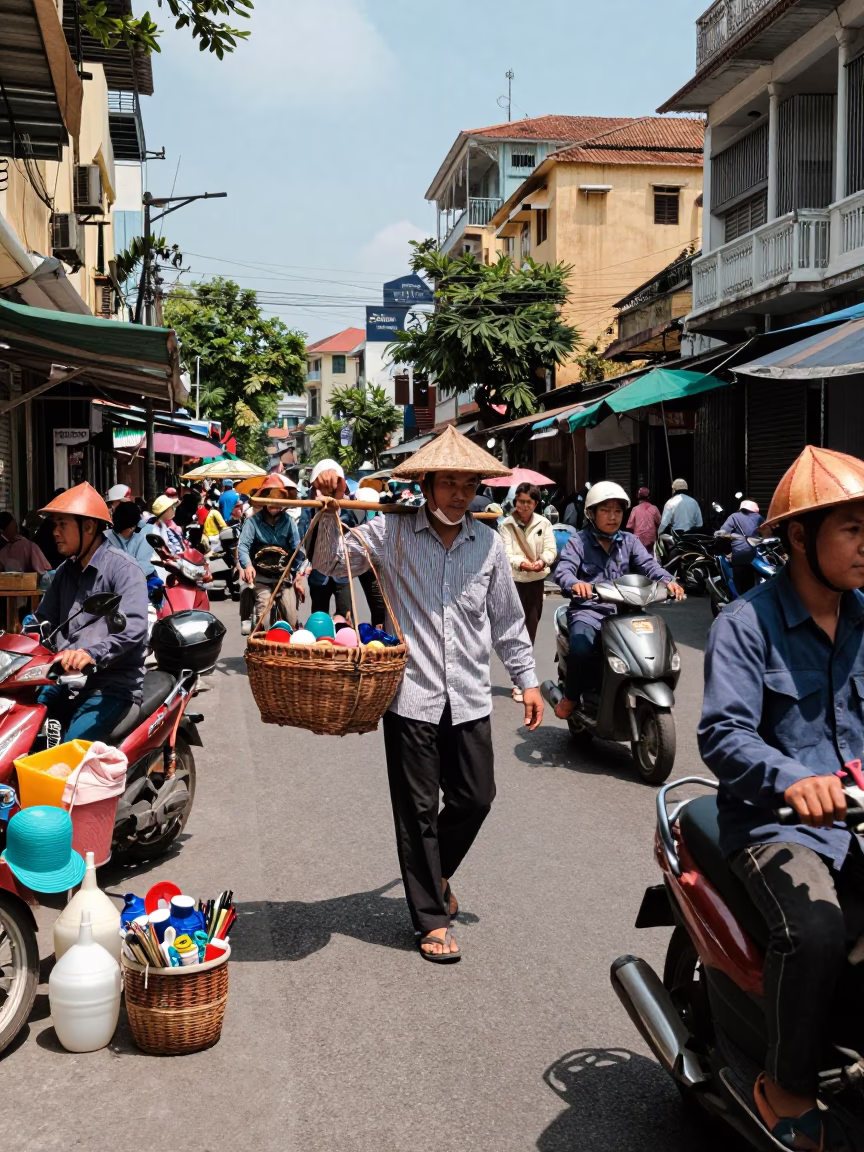 Ho Chi Minh City Vietnam Noon Street Scene with Basket and Utensil Crocks in in Ho Chi Minh City, Vietnam
