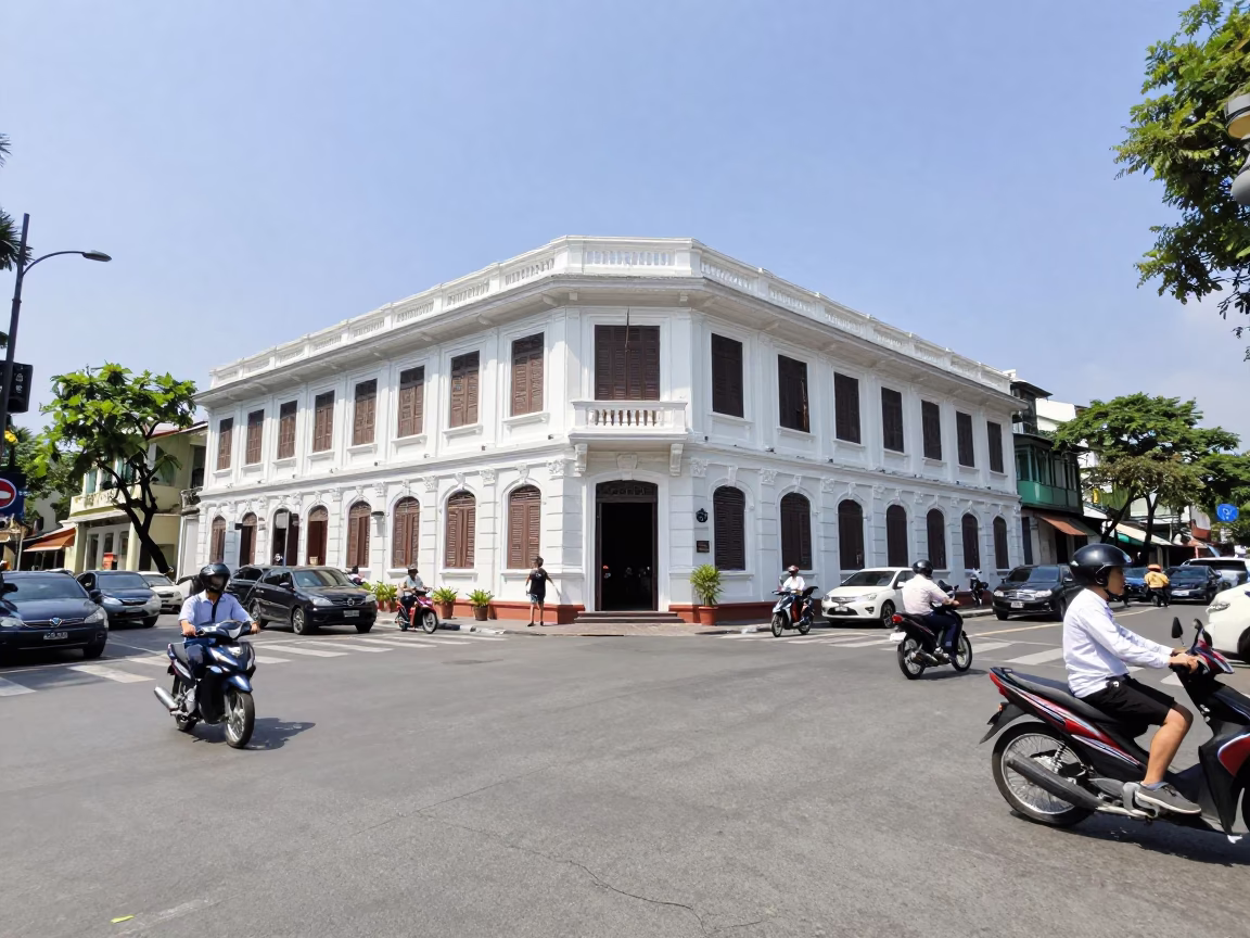 Ho Chi Minh City Vietnam Noon Street Scene with Motorbikes and Colonial Architecture in in Ho Chi Minh City, Vietnam