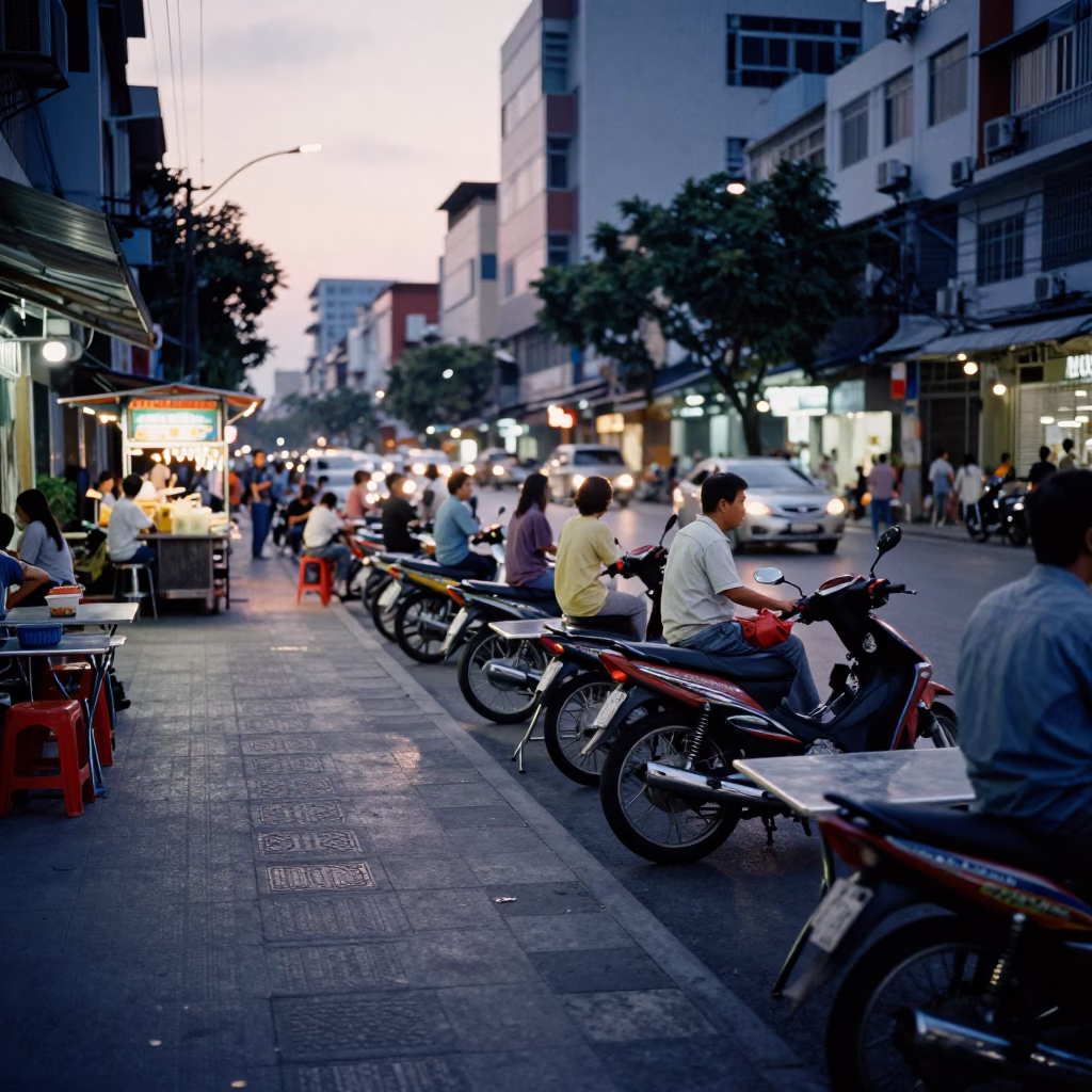 Ho Chi Minh City Vietnam Pre-Dawn Street Life Motorbikes and Street Food Vendors in in Ho Chi Minh City, Vietnam