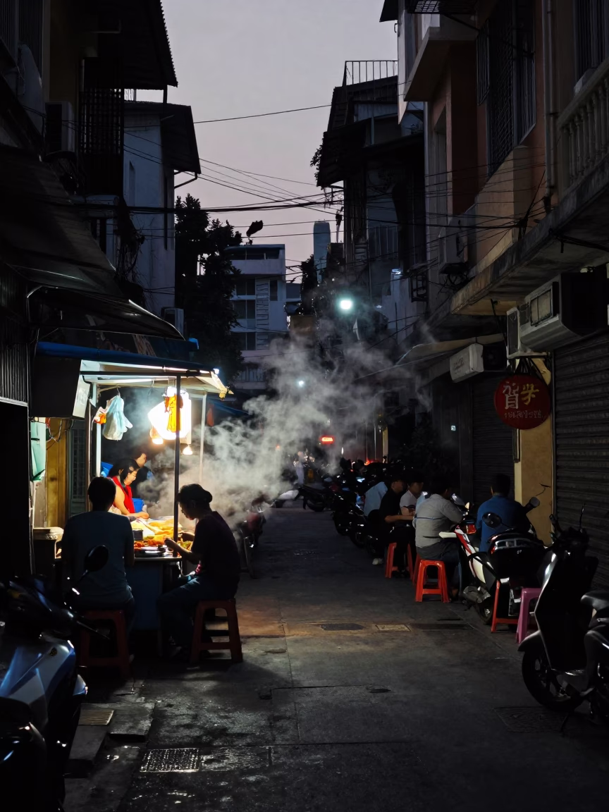 Ho Chi Minh City Vietnam Predawn Street Scene with Steam and Urban Morning Life in in Ho Chi Minh City, Vietnam