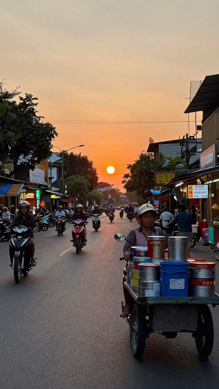 Ho Chi Minh City Vietnam street scene at dusk with motorbikes and shop fronts in in Ho Chi Minh City, Vietnam