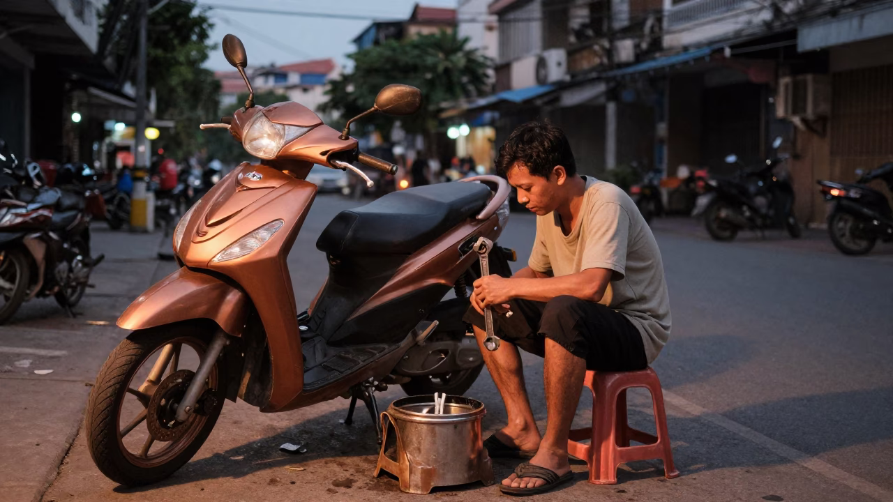 Ho Chi Minh City Vietnam street scene copper dusk light motorbike repair in in Ho Chi Minh City, Vietnam