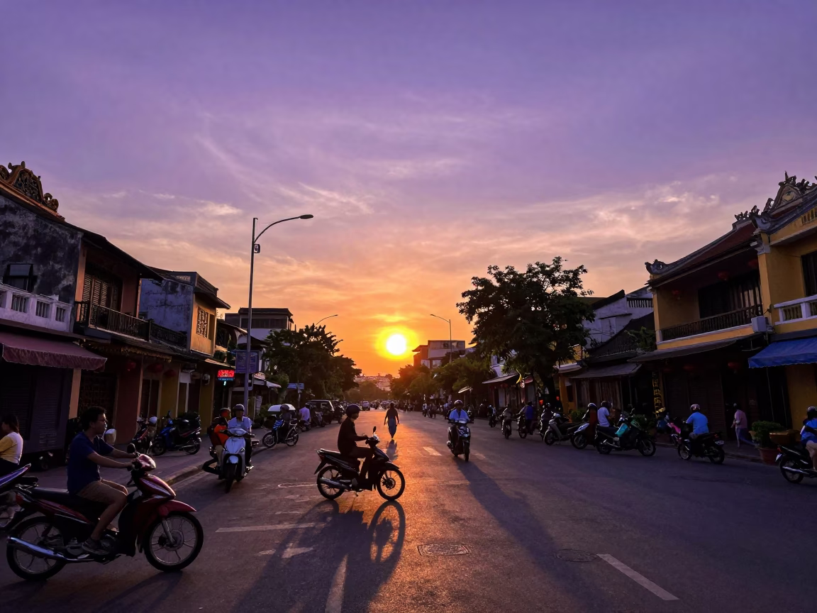 Ho Chi Minh City Vietnam Sunset Street Scene with Motorbikes and Traditional Architecture in in Ho Chi Minh City, Vietnam