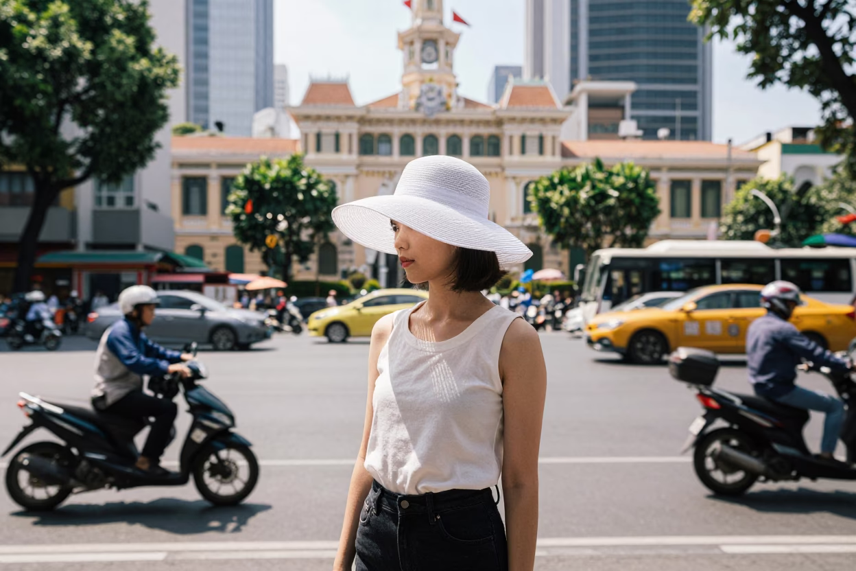 Ho Chi Minh City Woman at The Flat Glare Of Noon Light in in Ho Chi Minh City, Vietnam