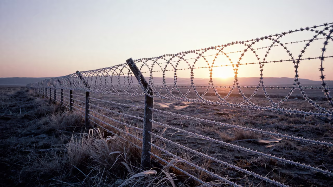 Hoarfrost Barbed Wire Dawn Light Kahramanmaraş in across a storm-bright plain near Kahramanmaraş