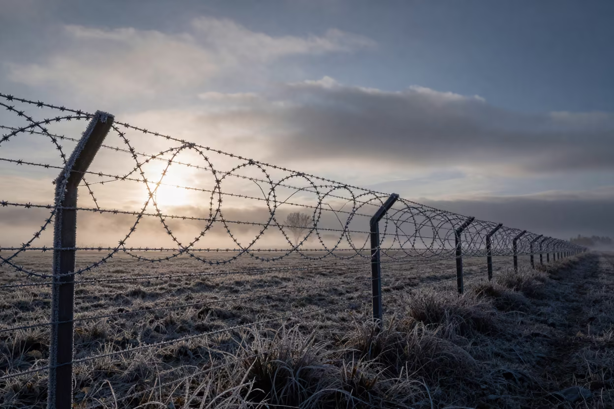 Hoarfrost on Barbed Wire at Dawn in beneath fast-moving cloud bands in Ukraine