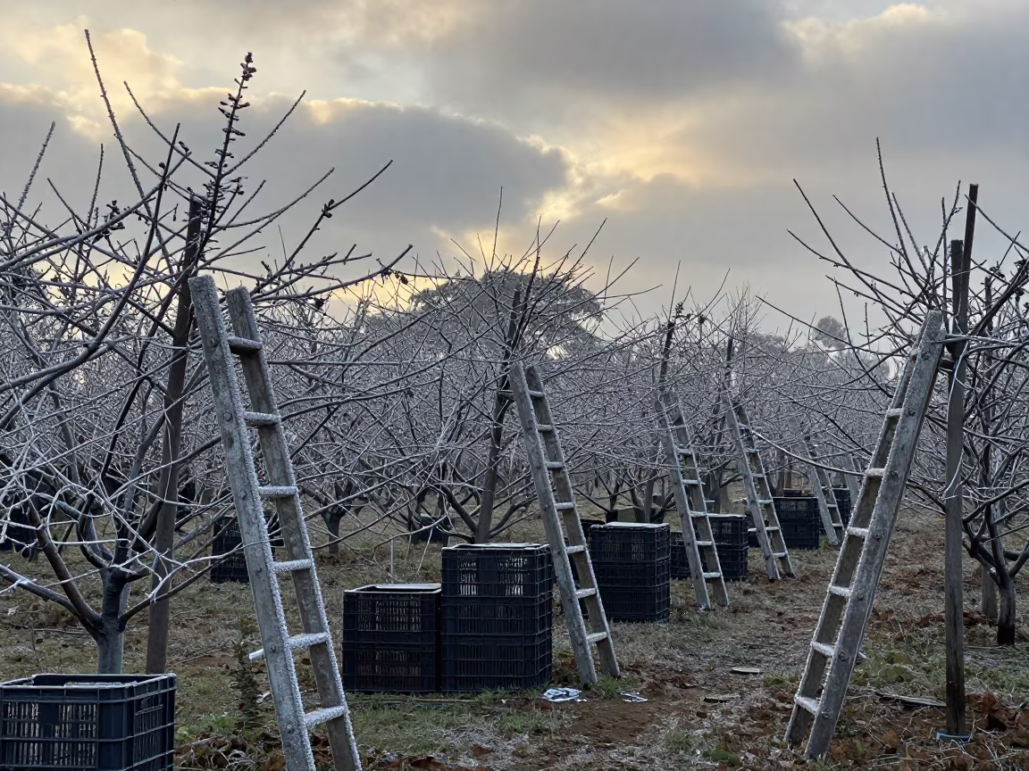Hoarfrost on Bare Orchard Ladders at Dawn in Lagos in among orchard ladders and crates in Lekki, Lagos