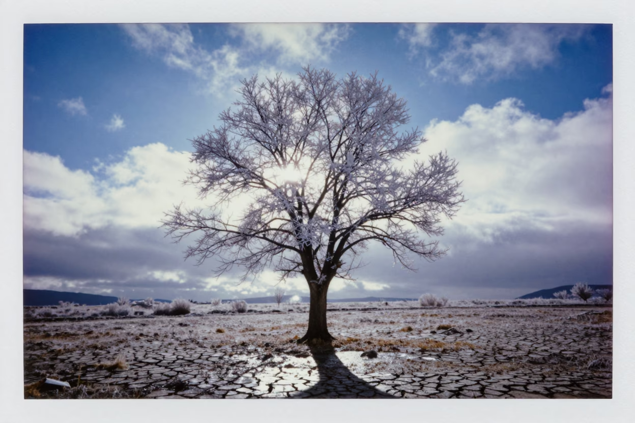 Hoarfrost Coated Bare Tree in Galician Plain in across a storm-bright plain in Galicia