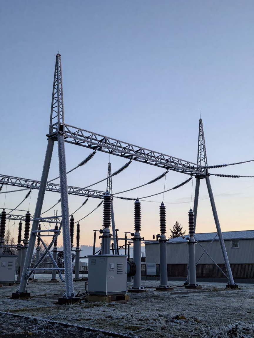 Hoarfrost Covered Transmission Substation Infrastructure in Pre-Dawn Portland Oregon in in Portland, Oregon, United States