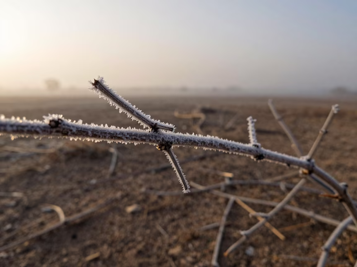 Hoarfrost Needles on Bare Twig at Sunset in near Kafr el-Dawwar
