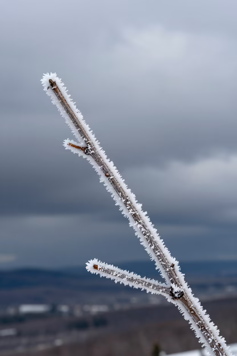 Hoarfrost Needles on Twig Against Thunderheads in over a horizon of stacked thunderheads in Chubu