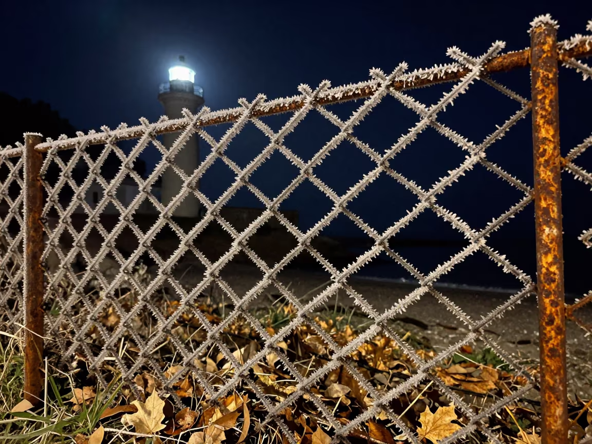 Hoarfrost on Rusty Fence at Dawn in in Liguria